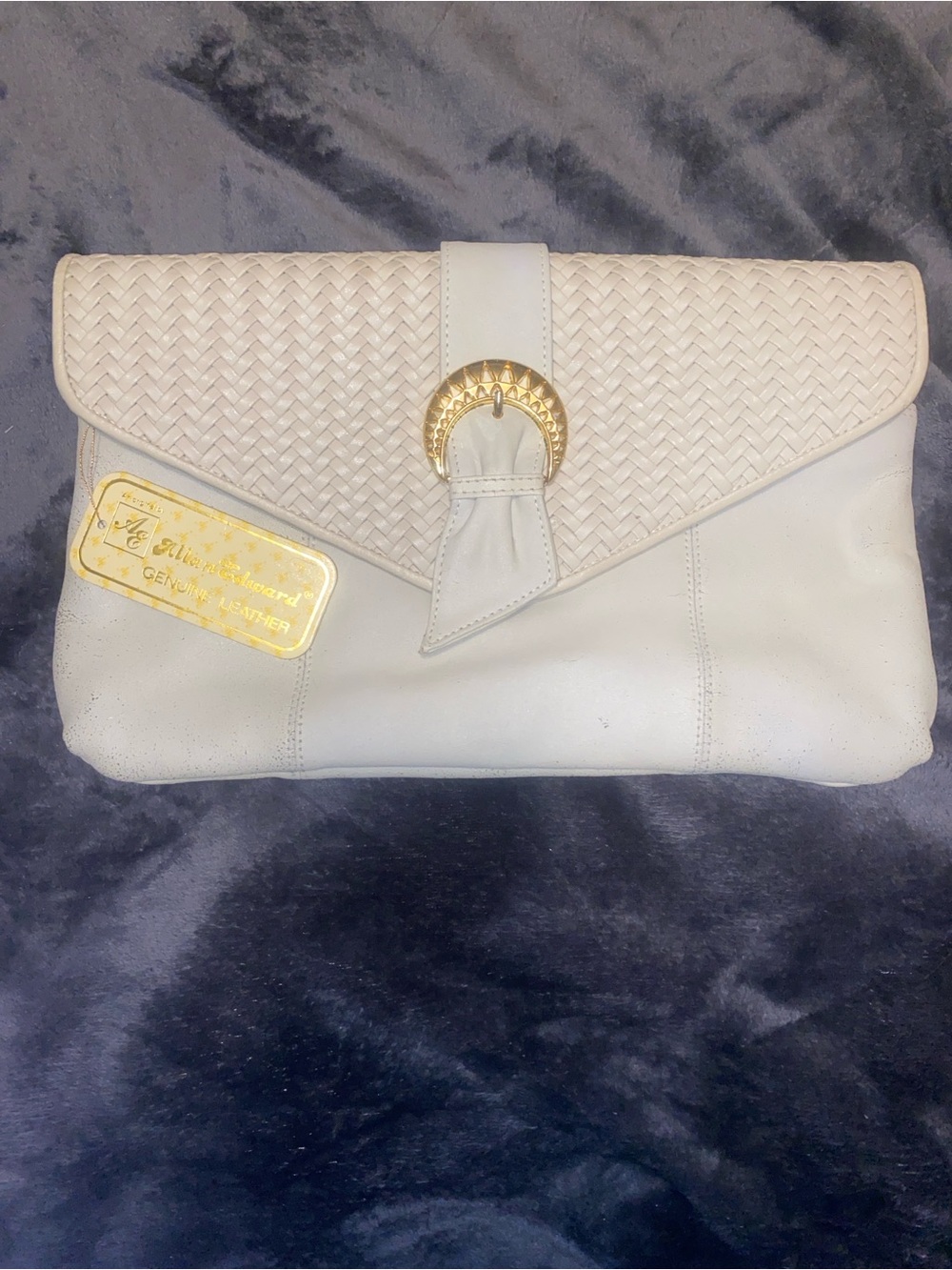 Vintage Allan Edward Woven Flap Cream Leather Clutch with Gold Buckle Accent